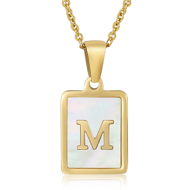 simple style letter stainless steel titanium steel plating inlay shell 18k gold plated pendant necklace