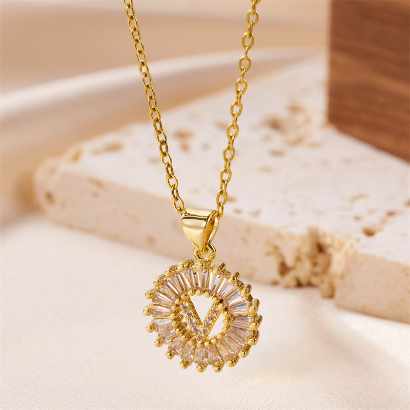 simple style letter stainless steel copper plating inlay artificial diamond 18k gold plated pendant necklace