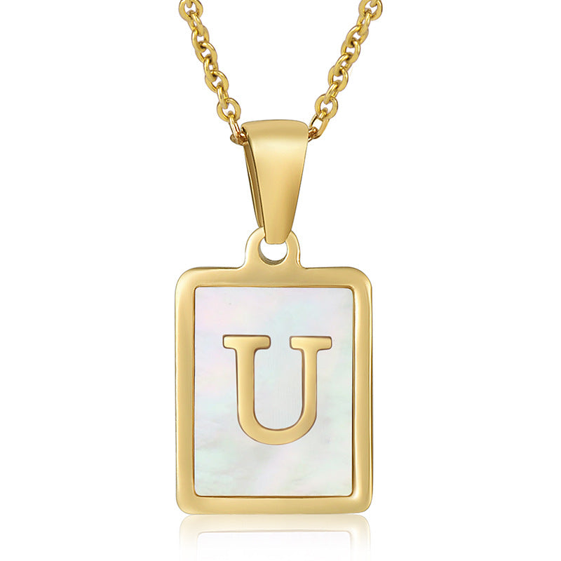 simple style letter stainless steel titanium steel plating inlay shell 18k gold plated pendant necklace