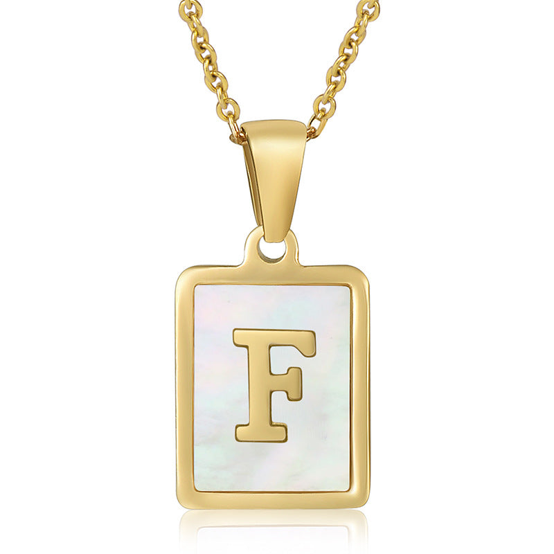 simple style letter stainless steel titanium steel plating inlay shell 18k gold plated pendant necklace