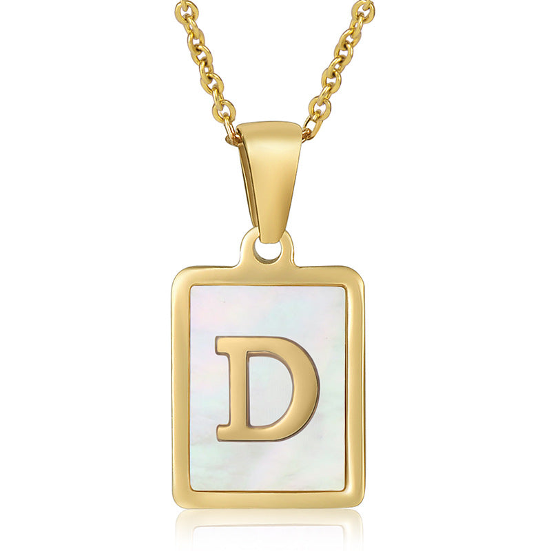 simple style letter stainless steel titanium steel plating inlay shell 18k gold plated pendant necklace