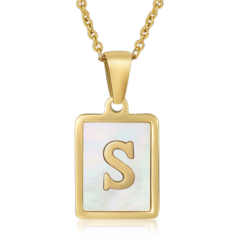 simple style letter stainless steel titanium steel plating inlay shell 18k gold plated pendant necklace