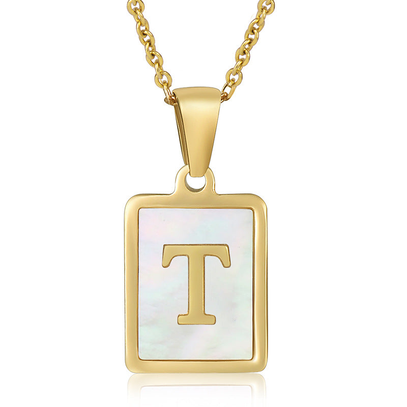 simple style letter stainless steel titanium steel plating inlay shell 18k gold plated pendant necklace