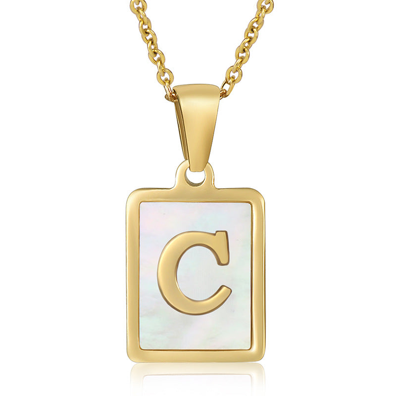 simple style letter stainless steel titanium steel plating inlay shell 18k gold plated pendant necklace