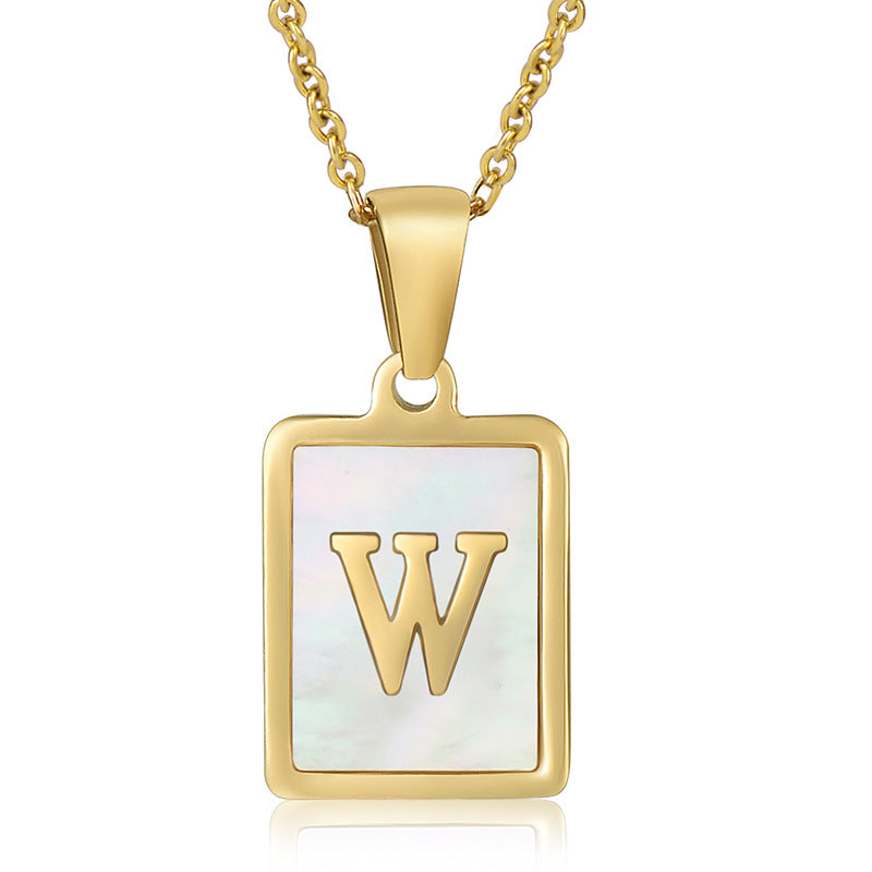 simple style letter stainless steel titanium steel plating inlay shell 18k gold plated pendant necklace