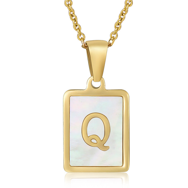 simple style letter stainless steel titanium steel plating inlay shell 18k gold plated pendant necklace