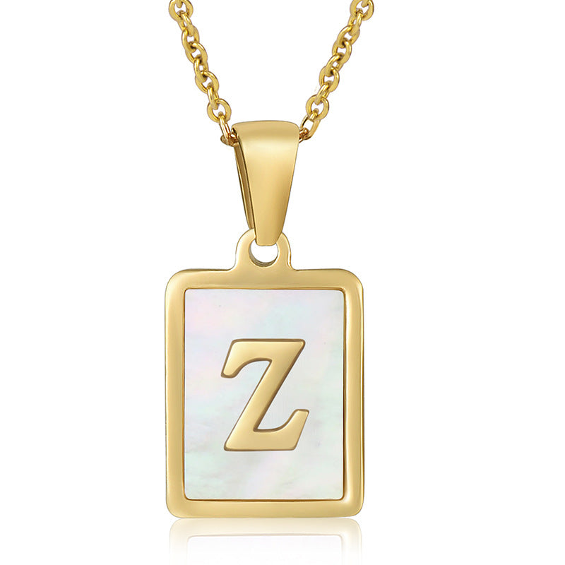 simple style letter stainless steel titanium steel plating inlay shell 18k gold plated pendant necklace