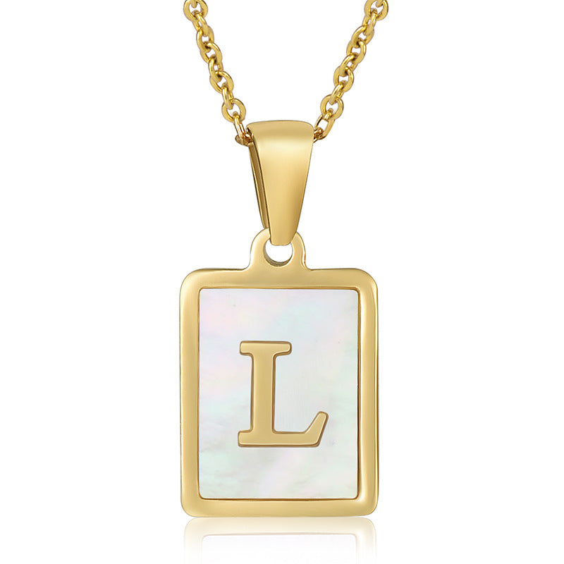 simple style letter stainless steel titanium steel plating inlay shell 18k gold plated pendant necklace