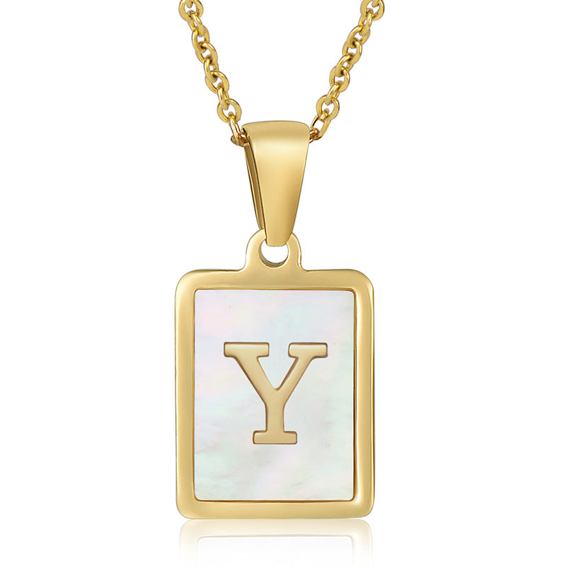 simple style letter stainless steel titanium steel plating inlay shell 18k gold plated pendant necklace