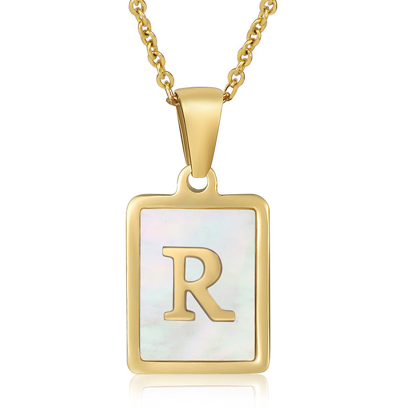 simple style letter stainless steel titanium steel plating inlay shell 18k gold plated pendant necklace