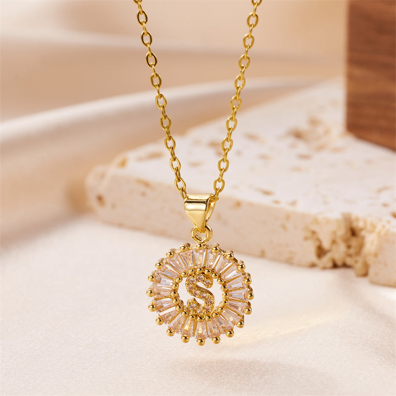 simple style letter stainless steel copper plating inlay artificial diamond 18k gold plated pendant necklace