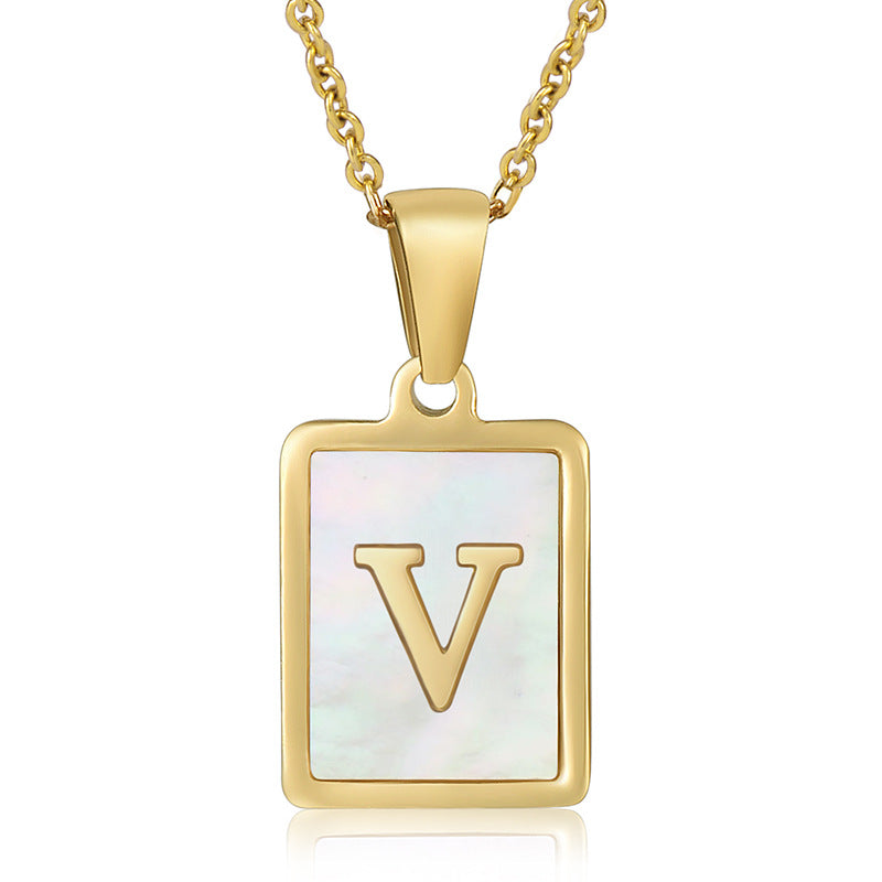 simple style letter stainless steel titanium steel plating inlay shell 18k gold plated pendant necklace