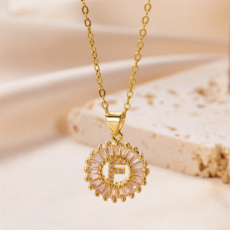 simple style letter stainless steel copper plating inlay artificial diamond 18k gold plated pendant necklace