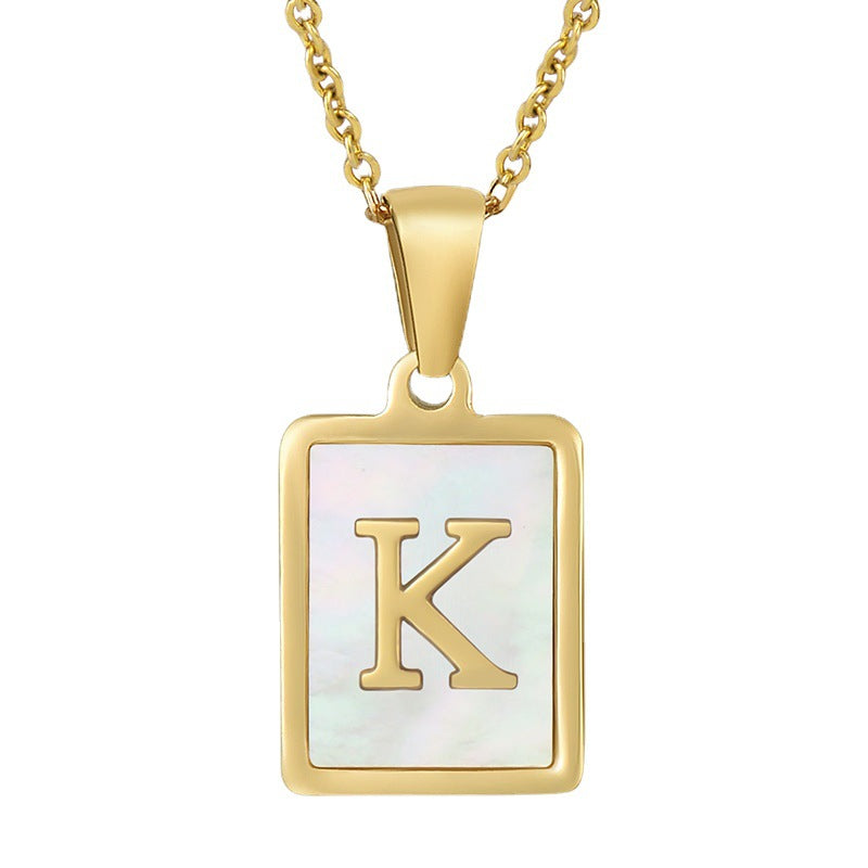 simple style letter stainless steel titanium steel plating inlay shell 18k gold plated pendant necklace