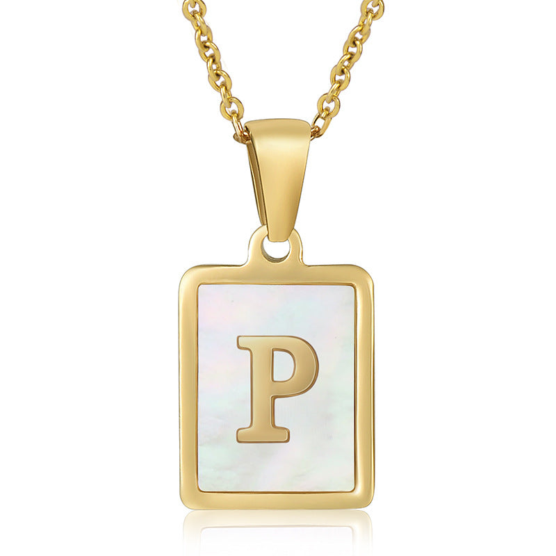 simple style letter stainless steel titanium steel plating inlay shell 18k gold plated pendant necklace