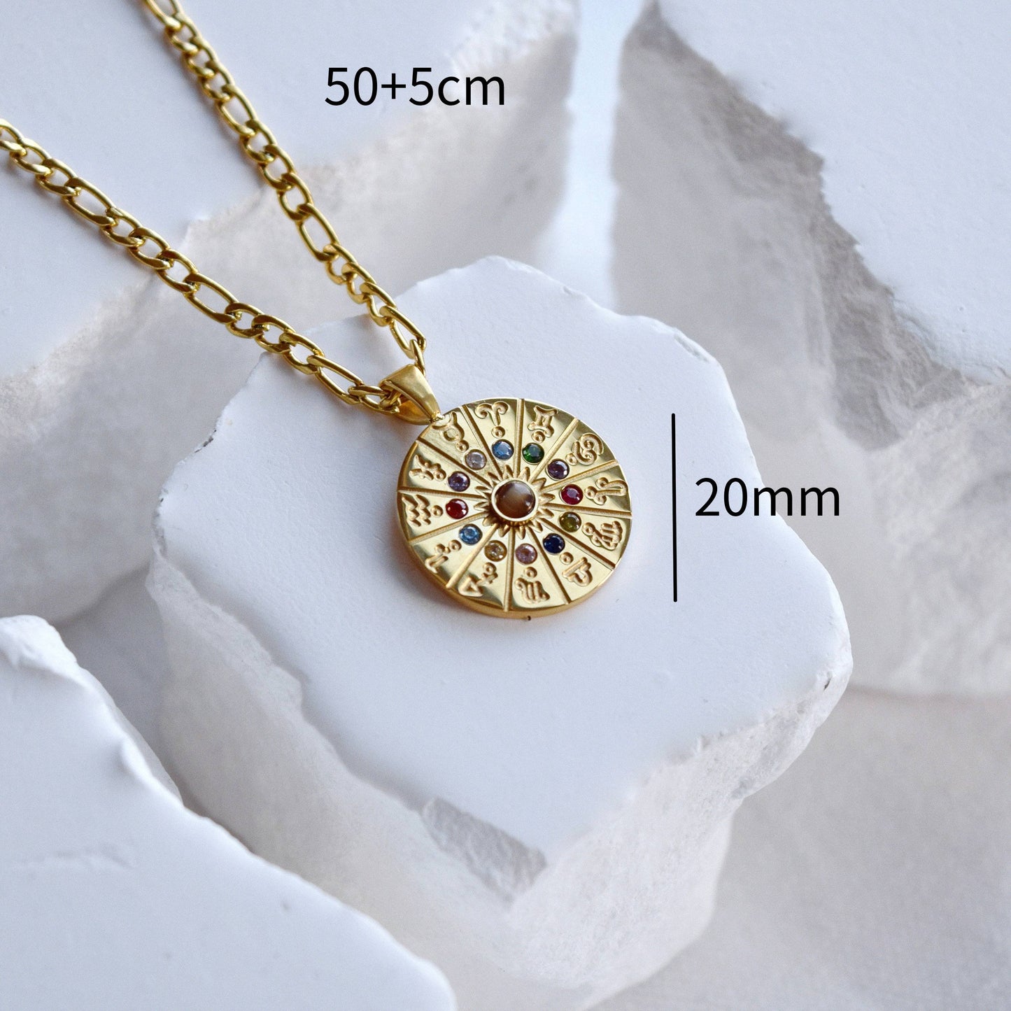 Stainless Steel 18K Gold Plated Retro Round Constellation Inlay Zircon Pendant Necklace